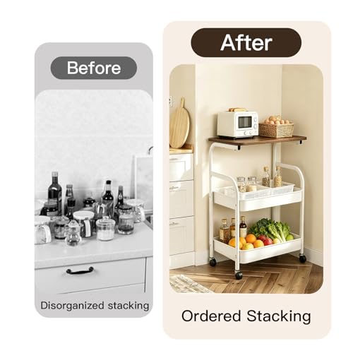 3 Tier Rolling Cart with Walnut Table Top, Sturdy Metal Storage Cart with Lockable Wheels, Multi-Purpose Mobile Shelf for Kitchen, Bedroom, Snacks, Coffee, Craft, Makeup, Garage (White) - color: White