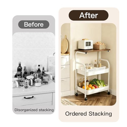 3 Tier Rolling Cart with Walnut Table Top, Sturdy Metal Storage Cart with Lockable Wheels, Multi-Purpose Mobile Shelf for Kitchen, Bedroom, Snacks, Coffee, Craft, Makeup, Garage (White) - color: White