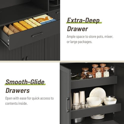 Pantry Cabinet, 67.7" Tall Kitchen Pantry Storage Cabinet with 360° Rotating Shelf & 2 Pull-Out Racks, Freestanding Kitchen Hutch with Charging Station & Drawer, for Dining Room, Black