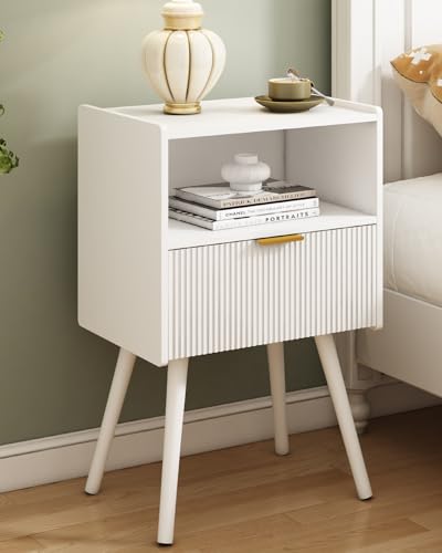 JOONEE White Nightstand,Modern Bedside Table with Storage Drawer and Open Wood Shelf, for Living Room, Bedroom and Small Spaces, Accent Night Stand with Solid Wood Legs, Easy Assembly,Classic White - color: White