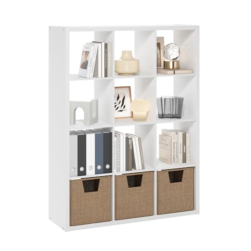 Furinno Cubicle Book Shelf, 12-Cube Bookshelf, Extra Thick Frame Reversible Bookcase with Open Back, 14.6" x 44" x 58", for Living Room, Bedroom, Home Office, White - color: White, size: 12-Cube