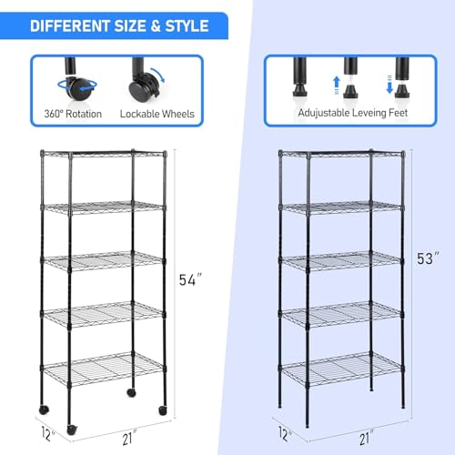 Simple Deluxe 5-Tier Storage Shelves, 21" W x 12" D x 54" H Adjustable Heavy Duty Wire Metal Shelving Unit, Black - color: Black, size: 5-Tier, 21"W x 12"D x 54"H