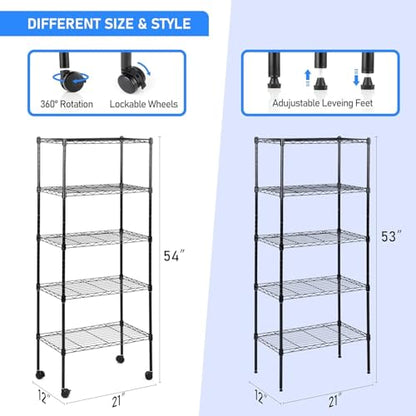 Simple Deluxe 5-Tier Storage Shelves, 21" W x 12" D x 54" H Adjustable Heavy Duty Wire Metal Shelving Unit, Black - color: Black, size: 5-Tier, 21"W x 12"D x 54"H
