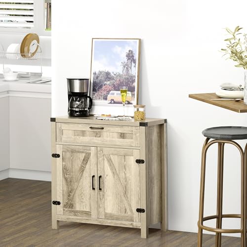 HOMCOM Sideboard, Storage Drawer, Coffee Bar Cabinet, Oak | Kitchen Cabinet, 2 Barn Doors, Modern Farmhouse - color: Oak