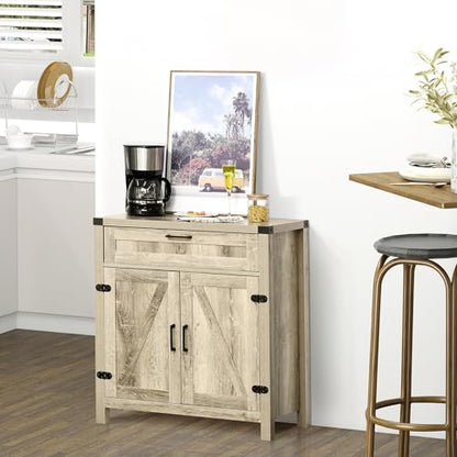 HOMCOM Sideboard, Storage Drawer, Coffee Bar Cabinet, Oak | Kitchen Cabinet, 2 Barn Doors, Modern Farmhouse - color: Oak