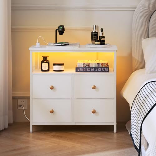 Yoobure Night Stand with Charge Station, Nightstand with 4 Drawers Bedside Table, LED Dresser with Storage Shelf, Night Stands for Bedroom, Side Table 3-Tier Wood End Table for Home, Office White - color: White