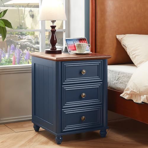 RWYHG 18" Nightstands Set of 2 with Charging Station & 3 Drawers | Farmhouse Modern Night Stand, Blue Bedside Table, Metal Handle, Blue Bed Side End Tables for Bedroom Living Room - color: Navy Blue, size: 18"D x 18"W x 24"H (3 Drawers)