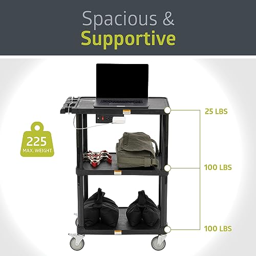 Pearington 3-Shelf Mobile Utility Cart with 3 Outlets and 8' Cord, Heavy-Duty Service Cart for Offices and Warehouses with 3 Shelves, Black - size: 1 Pack