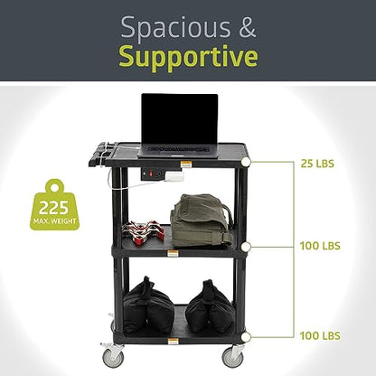 Pearington 3-Shelf Mobile Utility Cart with 3 Outlets and 8' Cord, Heavy-Duty Service Cart for Offices and Warehouses with 3 Shelves, Black - size: 1 Pack
