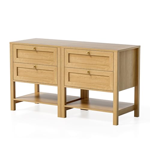 Farmhouse Nightstand Set of 2 with Drawers, 24.4" Tall Modern Wood Bedside Table with Open Shelf, Large End Table for Bedroom, Natural Oak - color: Natural Oak, size: 2 PCS (2 Drawers)
