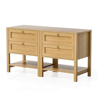 Farmhouse Nightstand Set of 2 with Drawers, 24.4" Tall Modern Wood Bedside Table with Open Shelf, Large End Table for Bedroom, Natural Oak - color: Natural Oak, size: 2 PCS (2 Drawers)
