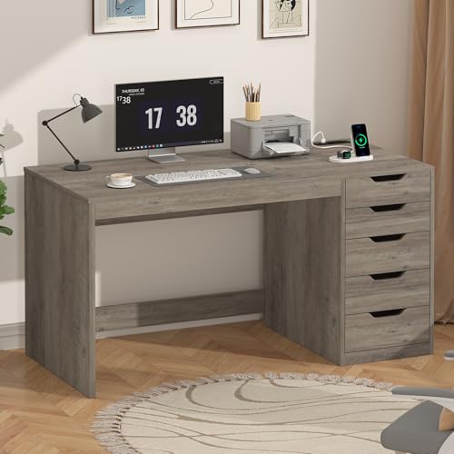 YOMILUVE 47 Inch Computer Desk with 5 Drawers and Power Outlets, Home Office Desks with Storage File Cabinet, Modern Simple Laptop Desk Writing Table for Small Spaces, Grey - color: Grey