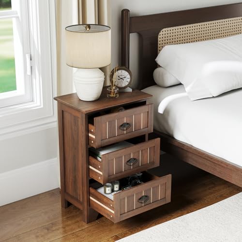 Giantex Nightstand with 3 Drawers, Bedside Table with Exquisite Metal Handles, Accent Table Sofa Side Table with Anti-toppling Device for Bedroom, Study, Walnut - color: Walnut