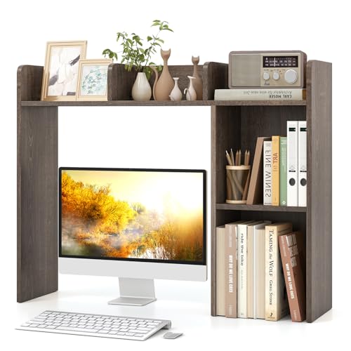 Tangkula Desktop Bookshelf, Countertop Storage Hutch with Shelves for Computer Desk, Desk 3-Tier Display Rack, Multipurpose Wood Desktop Hutch Storage Organizer for Dorm Office - color: Grey, size: 5 Shelves