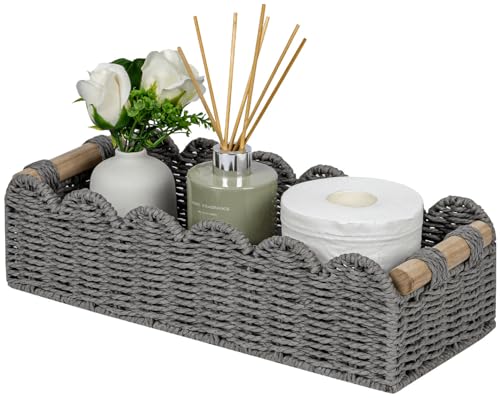 CubesLand Scalloped Toilet Paper Storage Basket W/Handle for Home Decor | Paper Rope Toilet Organizer Basket for Countertop, Over Toilet Shelf, End Table, Living Room Cozy Decorative & More, Grey - color: Grey, size: m - 14 X 6.3 X 3.9in