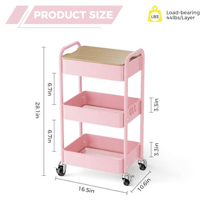 3 Tier Rolling Cart with Table top, Metal Rolling Utility Cart, Sturdy Storage Organizer Cart with Locking Wheels & Hooks for Office, Classroom, Kitchen and Bathroom，Pink - color: Pink