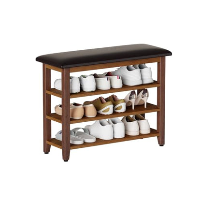Shoe Bench with Leather Cushion,Rubberwood Bench with Shoe Rack | 3-Tier Shoe Storage Organizer for Entryway,Hallway,Living Room - size: 3-Tier-31.5"