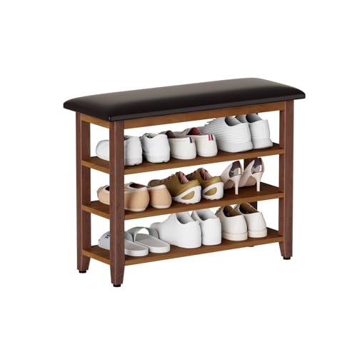 Shoe Bench with Leather Cushion,Rubberwood Bench with Shoe Rack | 3-Tier Shoe Storage Organizer for Entryway,Hallway,Living Room - size: 3-Tier-31.5"