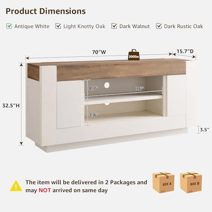 OKD Modern 70" TV Stand, Entertainment Center for TVs Up to 80", Media Console with Large Open Storage & Side Cabinets, Thick Wood Design for Living Room, Antique White - color: Antique White