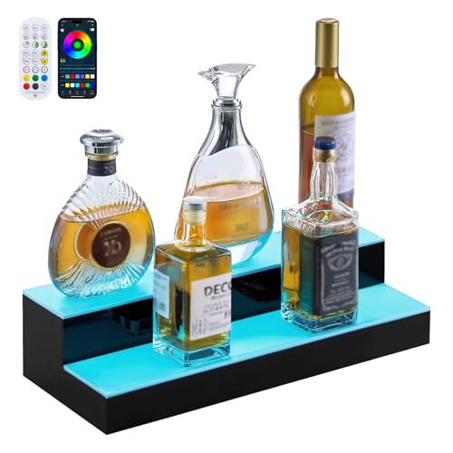 VEVOR LED Lighted Liquor Bottle Display, 2 Tiers 20 Inches Whiskey Rack, Supports USB, Illuminated Home Bar Shelf with RF Remote & App Control, 9 Static Colors, Acrylic Lighted Shelf for 10 Bottles - size: 2 Step 20 Inches