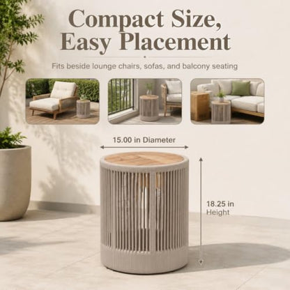 IRONORA Outdoor Rattan Rope & Acacia Wood Side Table - Patio Balcony Furniture for Garden, Yard, Balcony - Weather Resistant - color: 15-inches Beige