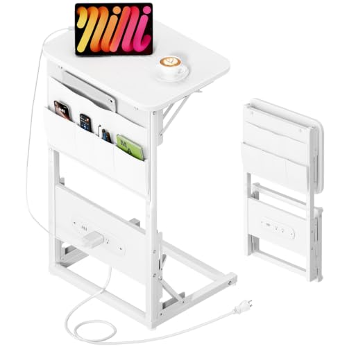 HLDIRECT C Shaped End Table with Charging Station & Storage Bag White | 2 USB & 2 Outlets, Storage Bag, FSC Wood, Foldable, 11.8"D x 15.7"W, for Small Spaces, Couch, Bedroom - color: White