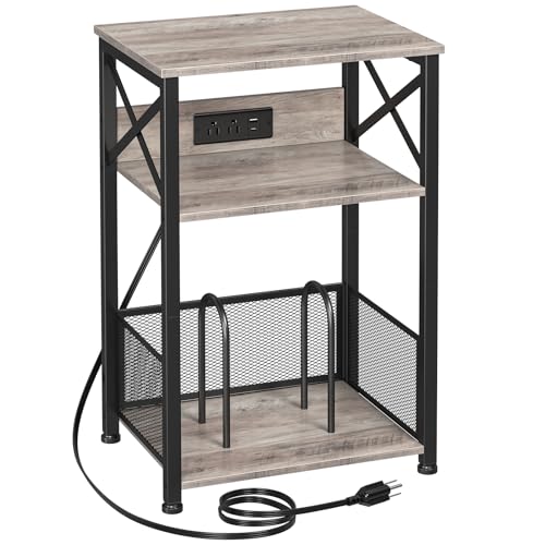 AMHANCIBLE Record Player Stand with Charging Station, Vinyl Record Storage | Turntable Stand with Type-C, Vinyl Record Player Table Holds 100 Albums, 3 Tier End Table Living Room, Greige - color: Greige, size: W 15.75" x D 11.41"