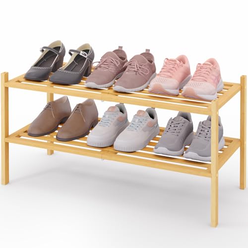 Smiry Bamboo Shoe Rack, 2 Tier Free Standing Wooden Shoe Organizer, Stackable Wood Shoe Storage Shelf for Closet, Entryway, 5 Horizontal Slats, 26.8"x11"x13", Natural - color: Natural, size: 2 Tier - 26.8" Wide
