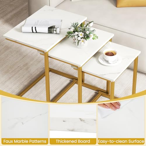 GOFLAME Nesting Coffee Tables Set of 3, Rectangular Nesting Center Table with Faux Marble Top & Metal Frame, Modern C-Shaped Nested Side Table Set for Living Room, Bedroom, Gold & White - color: Gold & White