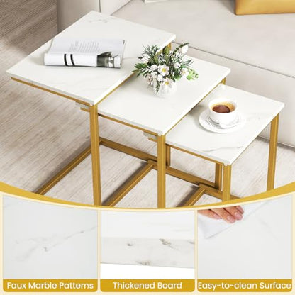 GOFLAME Nesting Coffee Tables Set of 3, Rectangular Nesting Center Table with Faux Marble Top & Metal Frame, Modern C-Shaped Nested Side Table Set for Living Room, Bedroom, Gold & White - color: Gold & White