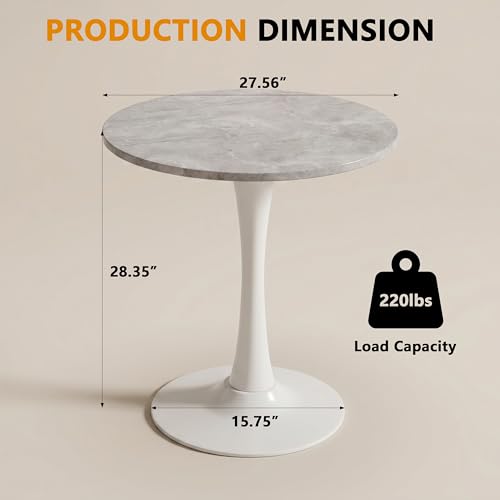 27.6" Marble Round Tulip Table, Mid-Century Modern Style Dining Table with White Pedestal Base for 2-4 People, Featuring A Marble Tabletop for Kitchen, Dining Room, Cafe (Light Grey) - color: Light Grey#white