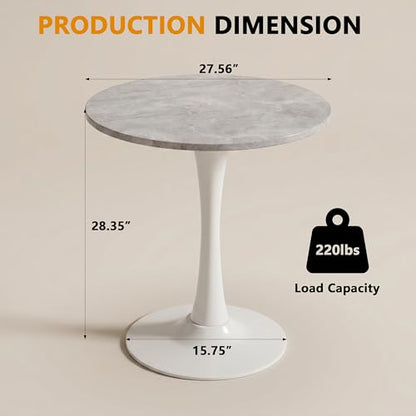 27.6" Marble Round Tulip Table, Mid-Century Modern Style Dining Table with White Pedestal Base for 2-4 People, Featuring A Marble Tabletop for Kitchen, Dining Room, Cafe (Light Grey) - color: Light Grey#white