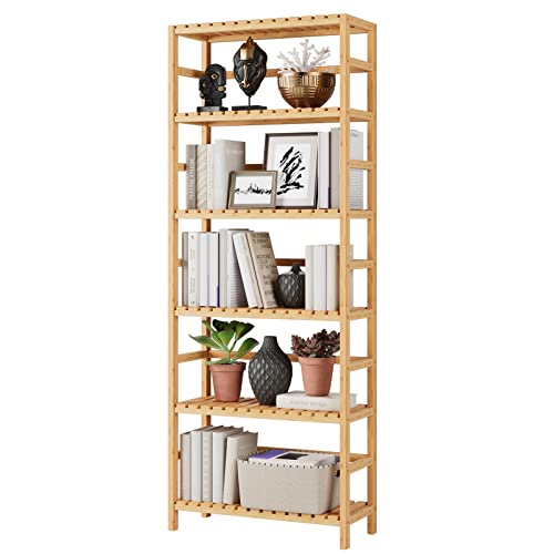 Bamjoy Bamboo Shelf, 6 Tier Bookcase Storage Shelves, Tall Book Rack Shelving Unit, Multipurpose Storage Display Shelf Adjustable Storage Rack for Bathroom Home Office Living Room Kitchen, Natural - color: Natural