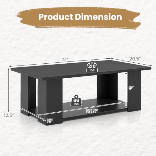 POWERSTONE 41 Inch 2-Tier Coffee Table with Storage Shelf, Wood Farmhouse Center Table with L Legs & Extra Bottom Support for Living Room, Black - color: Black
