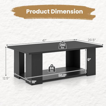 POWERSTONE 41 Inch 2-Tier Coffee Table with Storage Shelf, Wood Farmhouse Center Table with L Legs & Extra Bottom Support for Living Room, Black - color: Black