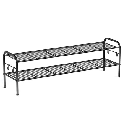 SONGMICS Shoe Rack, 2-Tier Shoe Organizer, Metal Shoe Shelf Storage with 4 Side Hooks, Holds 18 Pairs of Shoes, Height-Adjustable Shoe Rack for Entryway, Hallway, Closet, Ink Black ULMR121B01 - size: 2 Tiers (44.9"W)