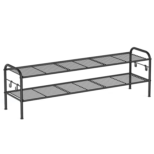 SONGMICS Shoe Rack, 2-Tier Shoe Organizer, Metal Shoe Shelf Storage with 4 Side Hooks, Holds 18 Pairs of Shoes, Height-Adjustable Shoe Rack for Entryway, Hallway, Closet, Ink Black ULMR121B01 - size: 2 Tiers (44.9"W)