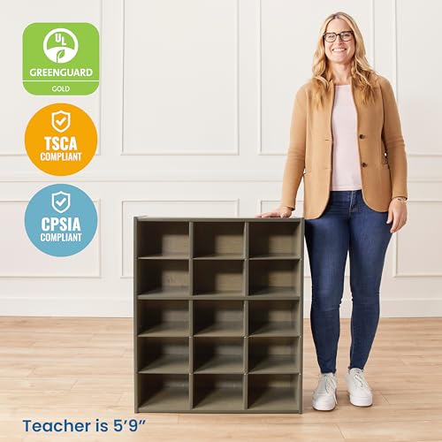 ECR4Kids Streamline 15 Cubby Tray Storage Cabinet, 5x3, Classroom Furniture, Grey Wash | Durable birch, GREENGUARD Gold Certified, 15 cubbies to store and organize supplies in a classroom, office, home playroom - color: Grey