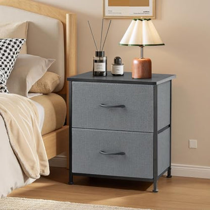 Nightstand Set of 2 Small 2 Drawer Dresser End Table Bedside Furniture | Wooden Top Fabric Bins for Bedroom, Closet, Entryway, Dorm, 11.8" D x 18" W x 20", Gray - color: Grey