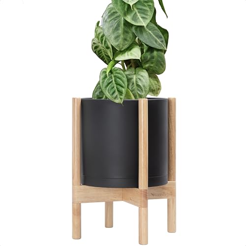 D'vine Dev Plastic Pot with Natural Wood Stand, Black, 10 in, 55-C-M-2 | Mid-Century Inspired Design, Elevated Plant Display, Clean Lines, Sturdy Support, Modern Space-Saving Style - color: Matte Black Pot + Natural Stand, size: 10 Inch