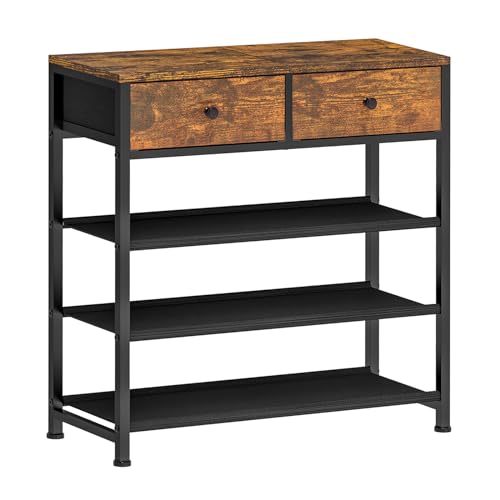 usikey Shoe Rack, 4 Tier Shoe Storage Organizer with 2 Drawers, Metal Shoe Shelf for 9-12 Pairs of Shoes, with 3 Oxford Fabric Shelves and Wooden Top, Shoe Stand for Entryway, Closet, Rustic Brown - color: 4 Tier ( 28.3 X 11 X 29.5 Inches)-rustic Brown