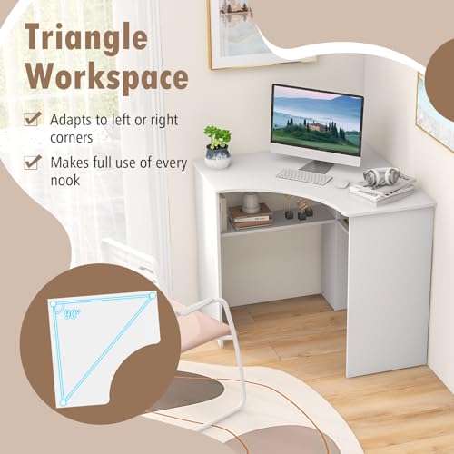 Small Corner Desk with Storage, Triangle Corner Gaming Desk with Adjustable Shelves, Compact Vanity Desk, L-Shaped Corner Computer Desk for Small Space, Bedroom, Living Room (White)