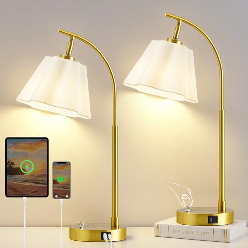 Gold Table Lamp Set of 2, Bedside Table Lamp with USB C+A Ports, Stepless Dimmable Nightstand Lamp, Small Cute Bedroom Lamps, Flower Lamp for Bedroom, Living Room, Home Office(Bulbs Included, Gold) - color: white shade & gold base