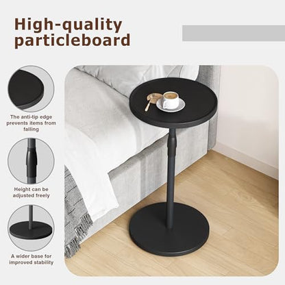 Adjustable Round Side Table, Small End Table, Pedestal Drink Table for Small Spaces, Tall Round Nightstand for Living Room Bedroom Sofa Couch, Black Wood Grain ET-010BW - color: Black Wood Grain
