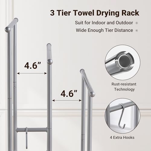 ELYKEN 3 Tier Standing Towel Rack, 40'' Tall Towel Drying Rack Outdoor, Freestanding Floor Towel Rack with Shelf, Pool Towel Blanket Stand, Metal Towel Racks for Bathroom freestanding, Smooth Silver - color: Silver