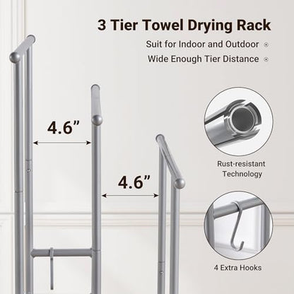 ELYKEN 3 Tier Standing Towel Rack, 40'' Tall Towel Drying Rack Outdoor, Freestanding Floor Towel Rack with Shelf, Pool Towel Blanket Stand, Metal Towel Racks for Bathroom freestanding, Smooth Silver - color: Silver