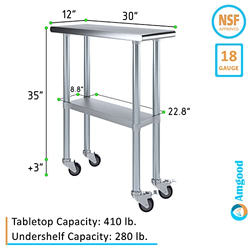 AmGood 12" Long x 30" Deep Stainless Steel Table with Casters - size: 12" Long x 30" Deep