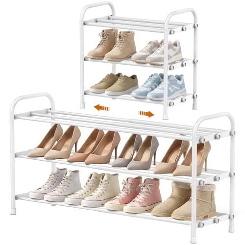 INSMART 3-Tier Expandable Shoe Rack, Stackable and Adjustable Shoes Organizer Storage Shelf, Sturdy and Durable Metal Structure Free Standing Shoe Rack for Closet Entryway Doorway, White - color: White, size: 3-Tier