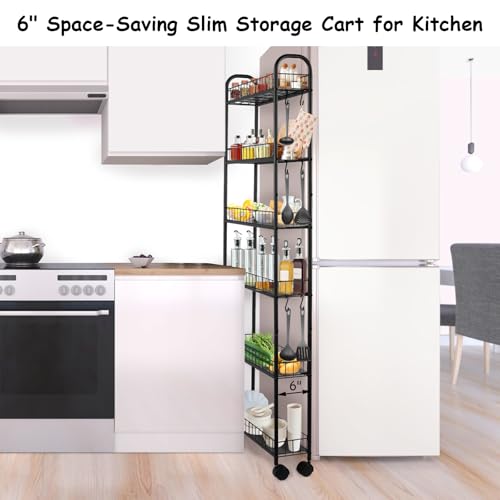 6-Tier Slim Rolling Storage Cart with Wheels, Tall Narrow Storage Shelves for Small Spaces, Metal Utility Cart Mobile Shelving Unit on Wheels for Kitchen, Bathroom, Office - size: 6 in Wide