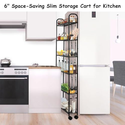 6-Tier Slim Rolling Storage Cart with Wheels, Tall Narrow Storage Shelves for Small Spaces, Metal Utility Cart Mobile Shelving Unit on Wheels for Kitchen, Bathroom, Office - size: 6 in Wide